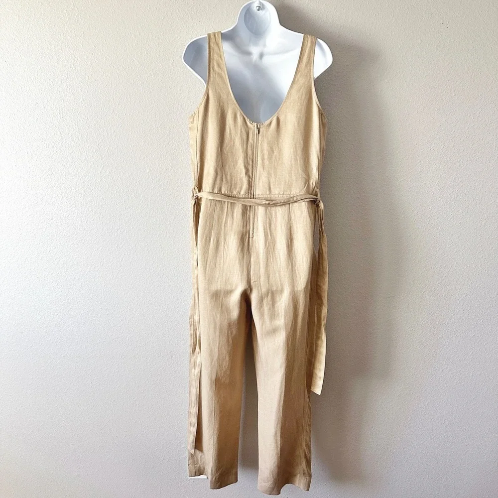 Banana Republic Gold Shimmer Tan Linen Sleeveless Tie Waist Jumpsuit Size Small